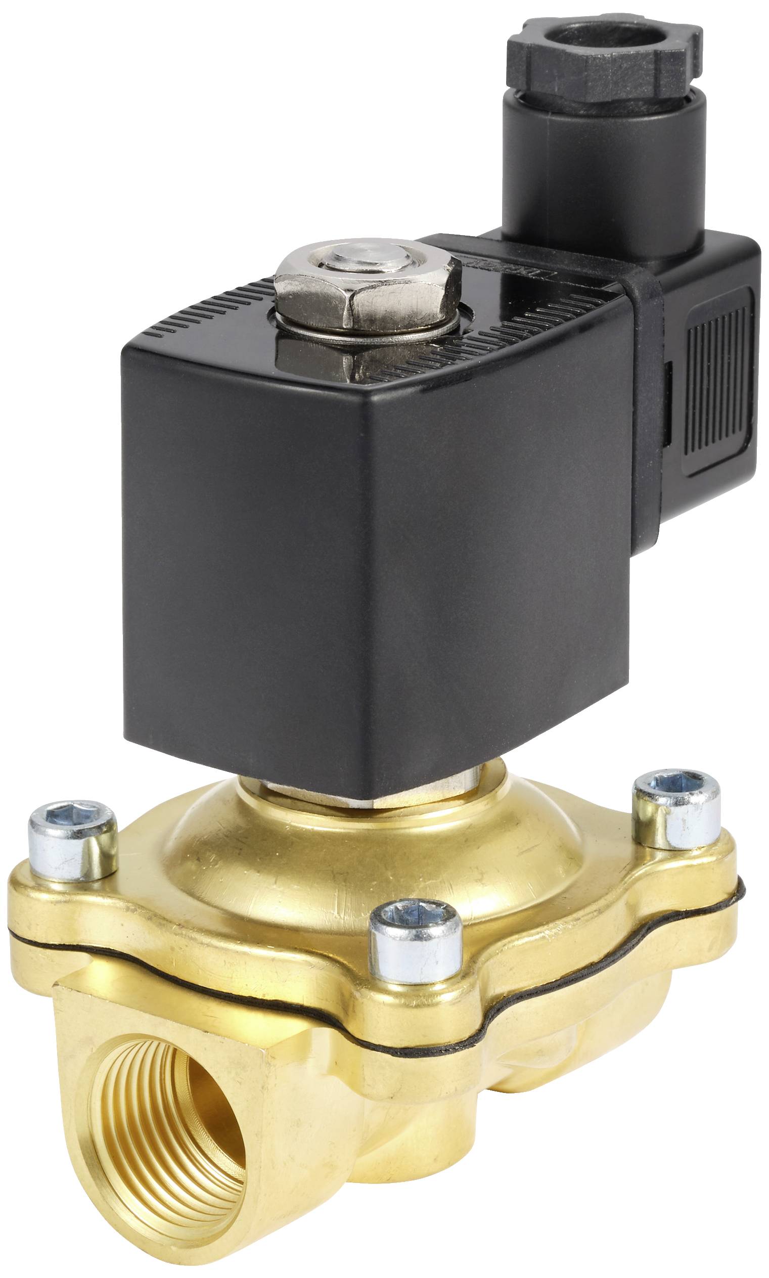 A brass electromagnetic valve with a black housing, used for controlling the flow of liquids or gases.