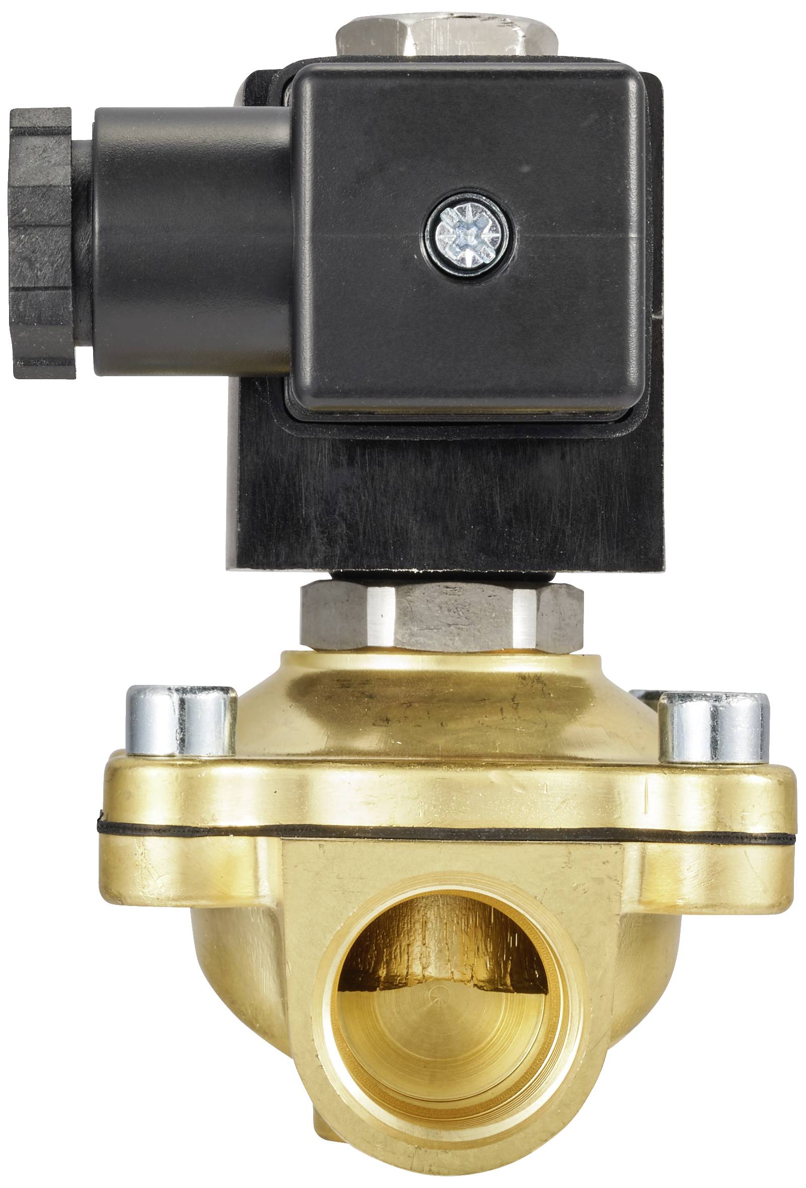 Brass Magnetic Valve with Black, Rectangular Electrical Actuator, Showing Valve Opening Below. Ideal for Industrial Applications.