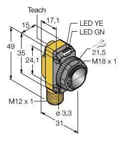 Technical drawing of a sensor with dimensions. Marked are 'Teach', 'LED YE', 'LED GN'. Threads M18 x 1, M12 x 1, Ø 3.3 mm.
