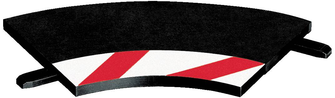 Corner piece of a black and white railway track section with red diagonal stripes indicating a change in direction.