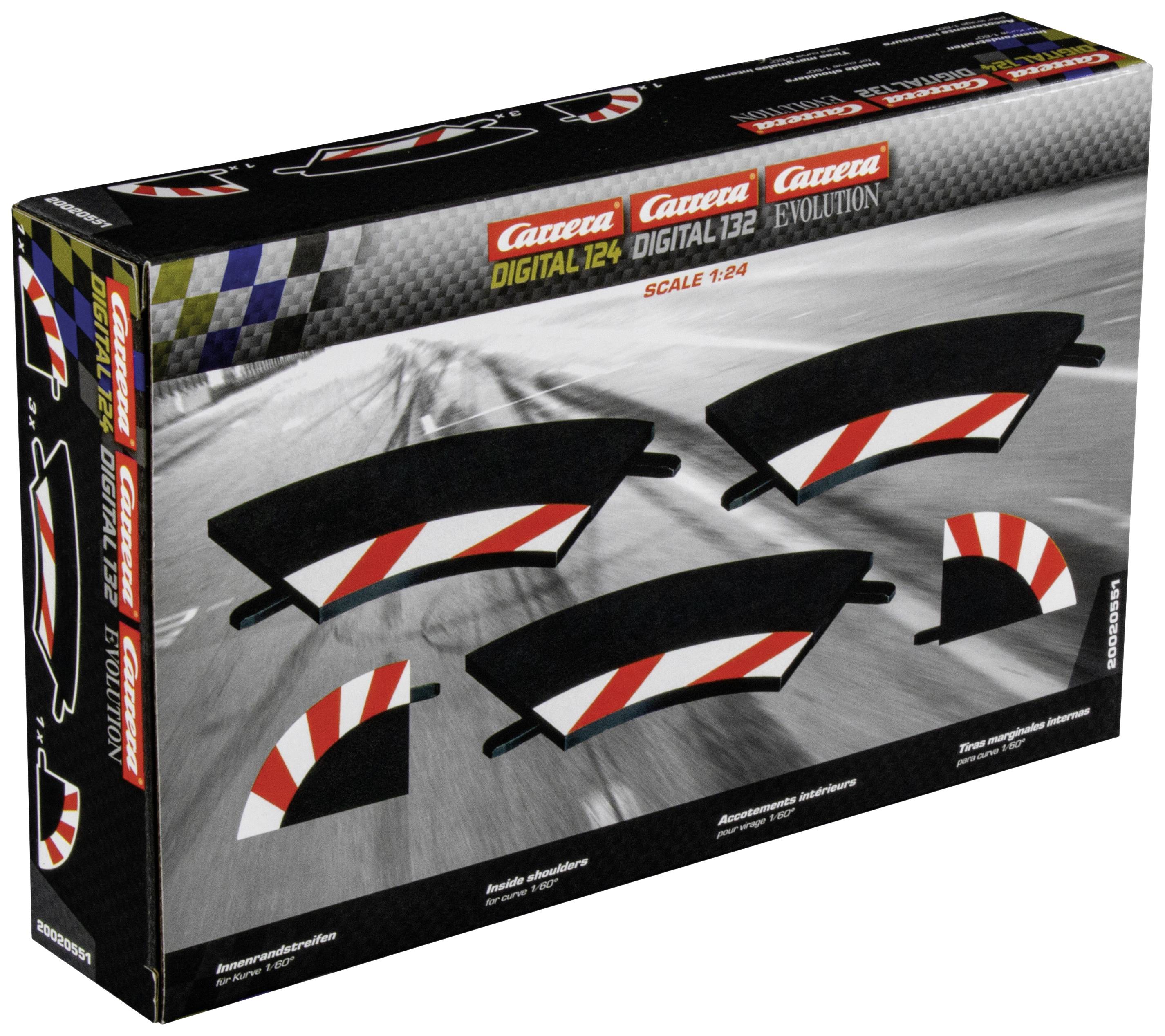 Packaging of a Carrera race track expansion set with black road modules and red-white edge markings.
