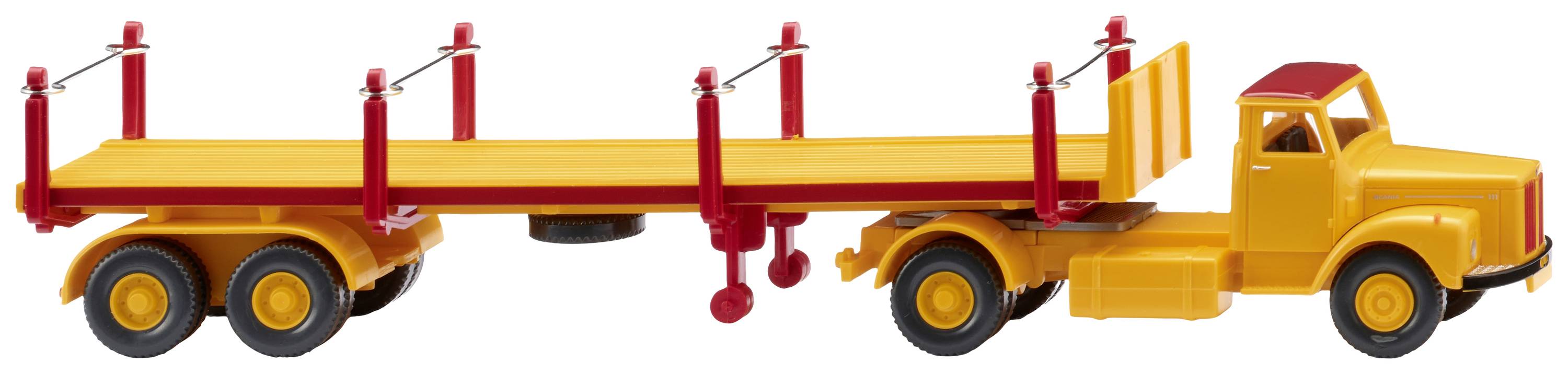 Wiking 051844 H0 HGV Scania Stake semi-trailer, signal yellow/carmine red