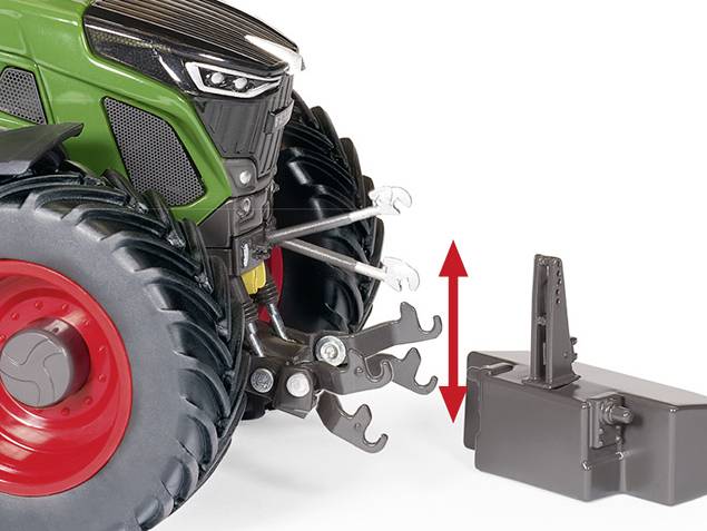 Toy tractor close-up shows removable front weight with an arrow indicating height adjustment. Large front tyre and details are visible.