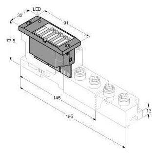 Technical drawing of an electronic component with dimensions: 91 mm length, 77.5 mm height, 32 mm width. Includes LED labelling.