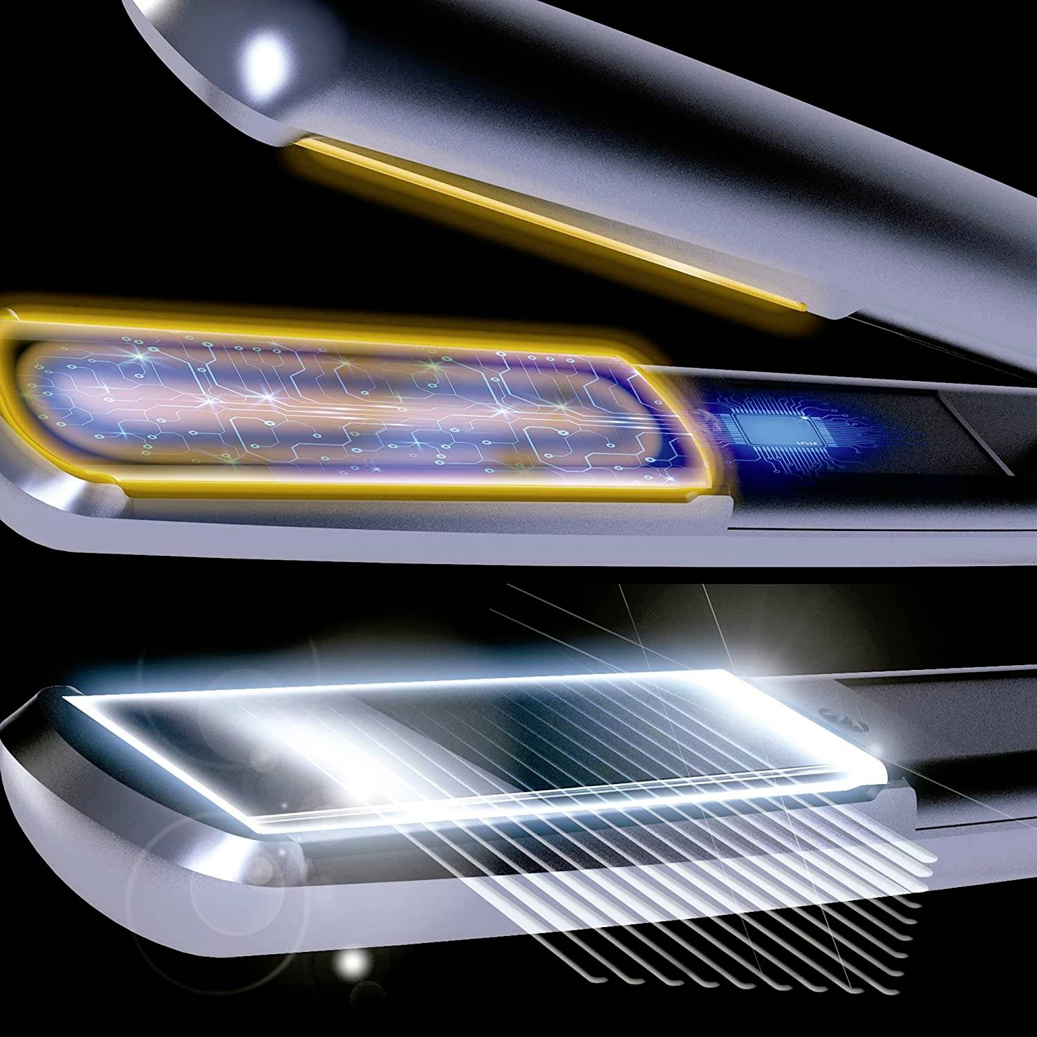A modern hair straightener with a digital display and illuminated ceramic plates demonstrating even heat distribution.