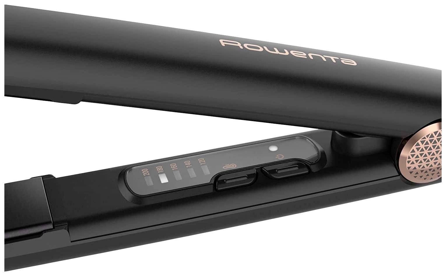 Rowenta hair straightener, black with copper accents, temperature display and control buttons visible.