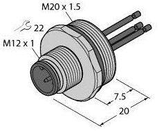 Technical drawing of a plug with threads M20 x 1.5 and M12 x 1. Dimensions: 7.5 mm and 20 mm. Three cables protrude.