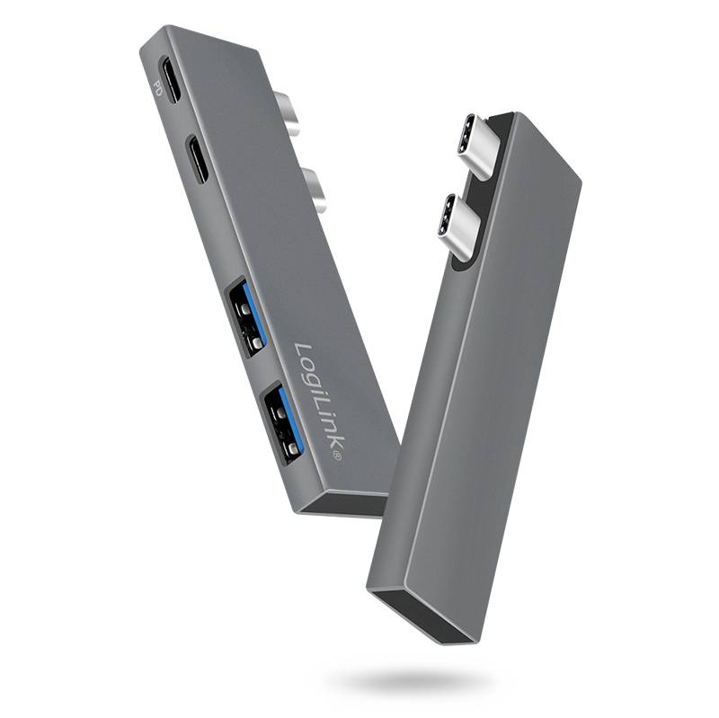 A grey USB-C hub with multiple ports, including USB-A and HDMI. Designed for laptops with side-mounted USB-C ports.