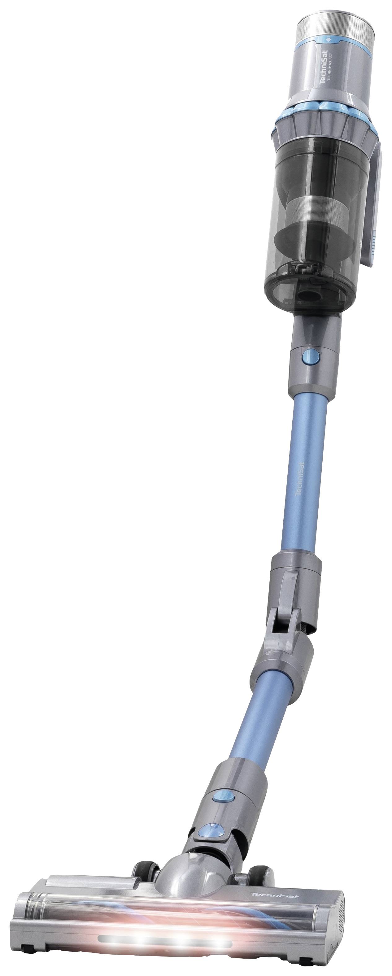 A cordless vacuum cleaner with a blue and silver design, standing with suction nozzle and dust container. Suitable for smooth floors.