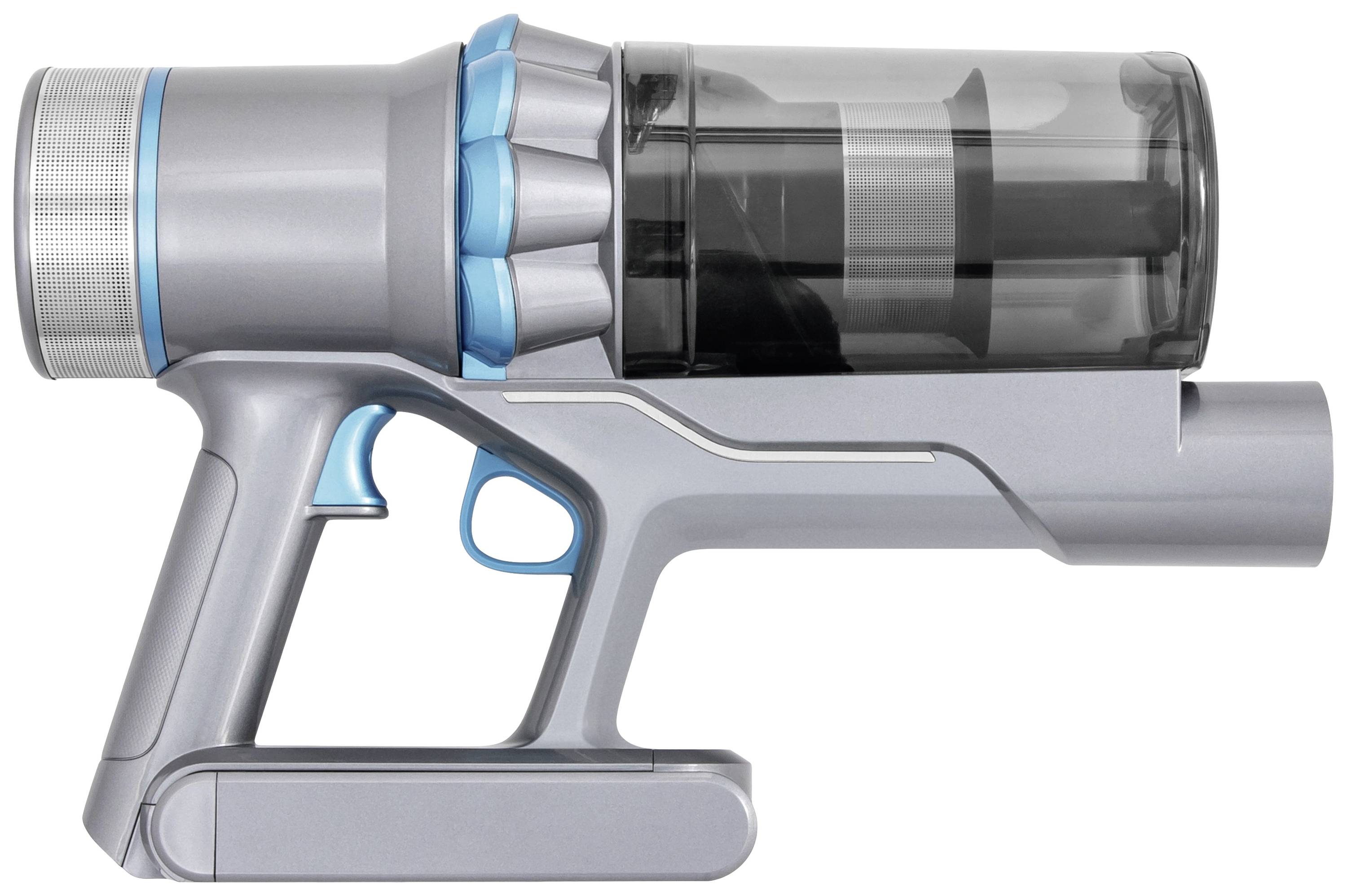 Cordless handheld vacuum cleaner, silver with blue accents, container transparent. Suitable for flexible, cable-free cleaning.