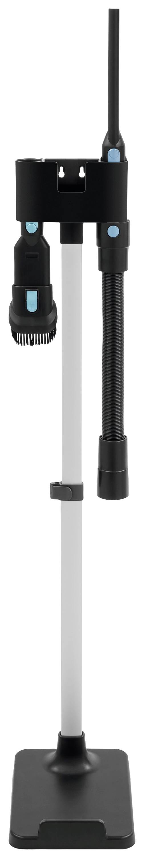 A black, height-adjustable holder with two devices attached at blue-highlighted points.