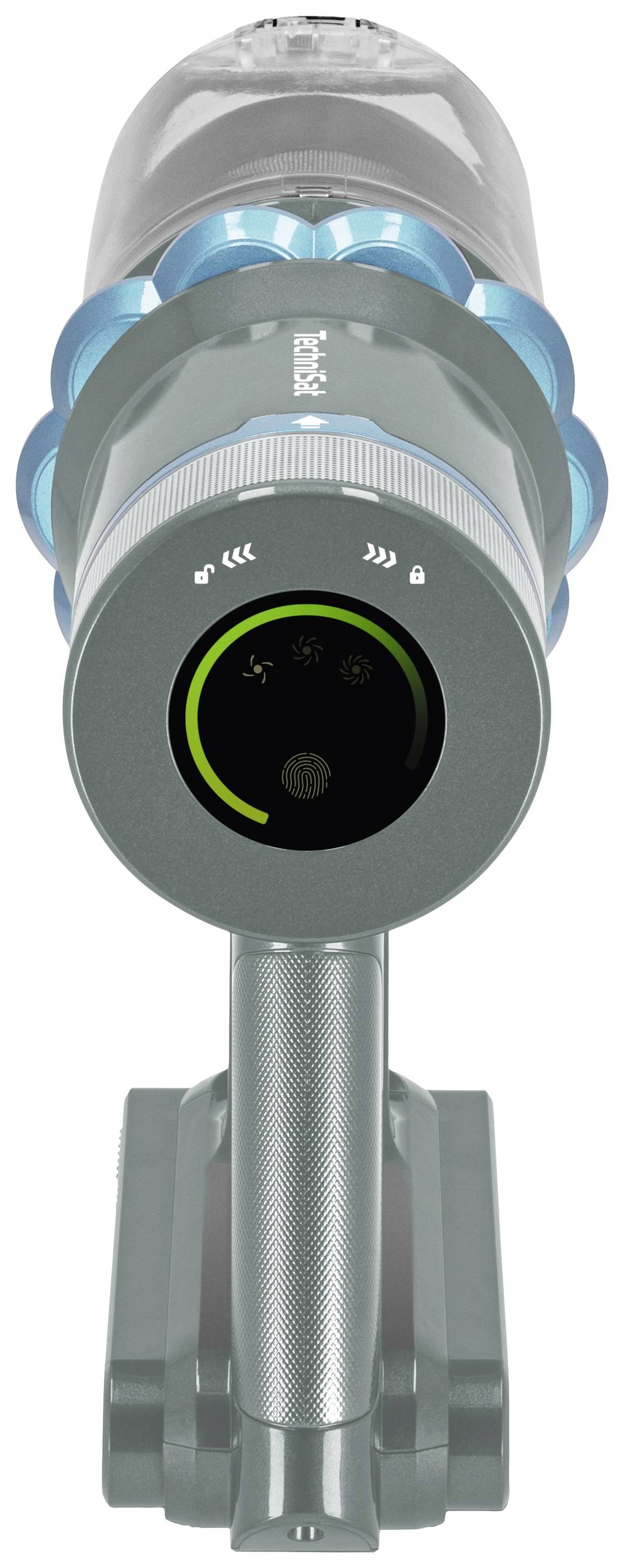 A cordless vacuum cleaner with a digital display showing battery level. View of the front side with handle and cyclone technology.