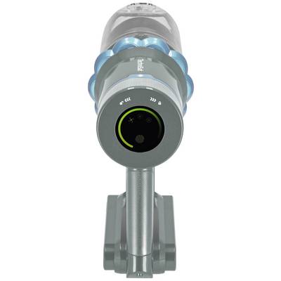A cordless vacuum cleaner with a digital display showing battery level. View of the front side with handle and cyclone technology.