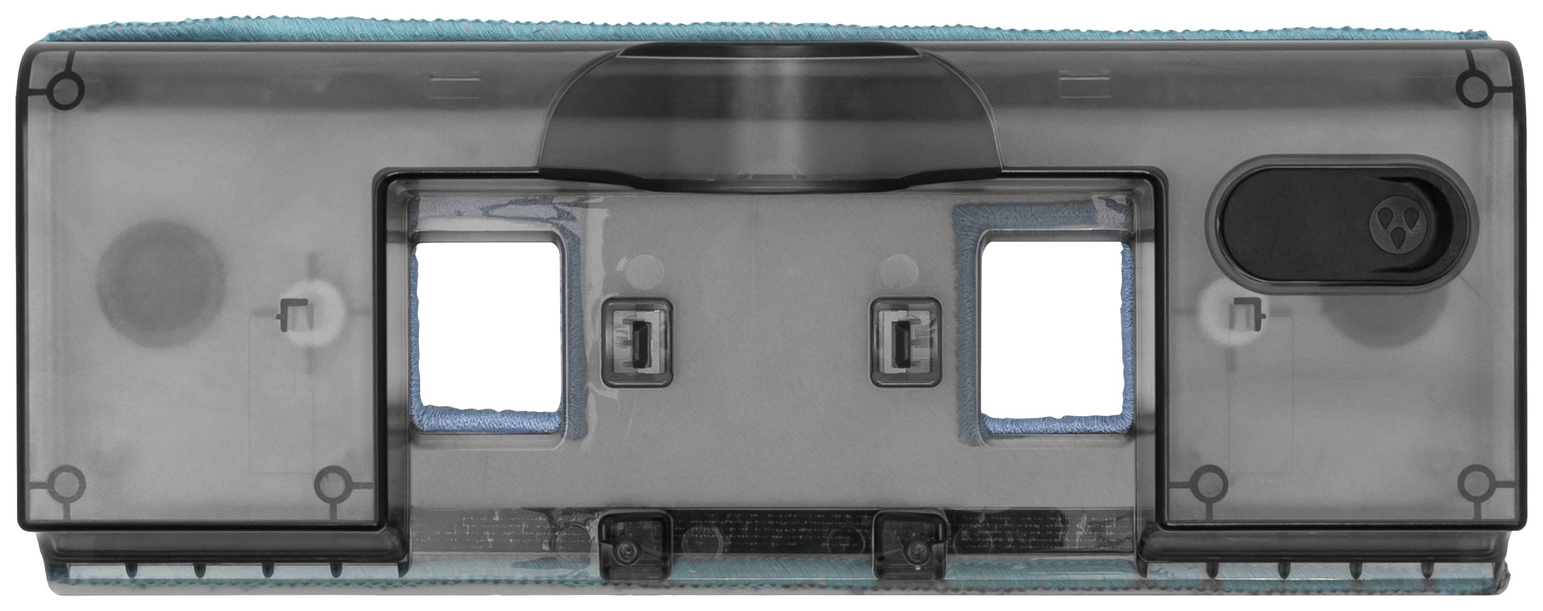 Grey vacuum cleaner or mopping robot accessory part with a transparent housing and blue cleaning texture, front view.