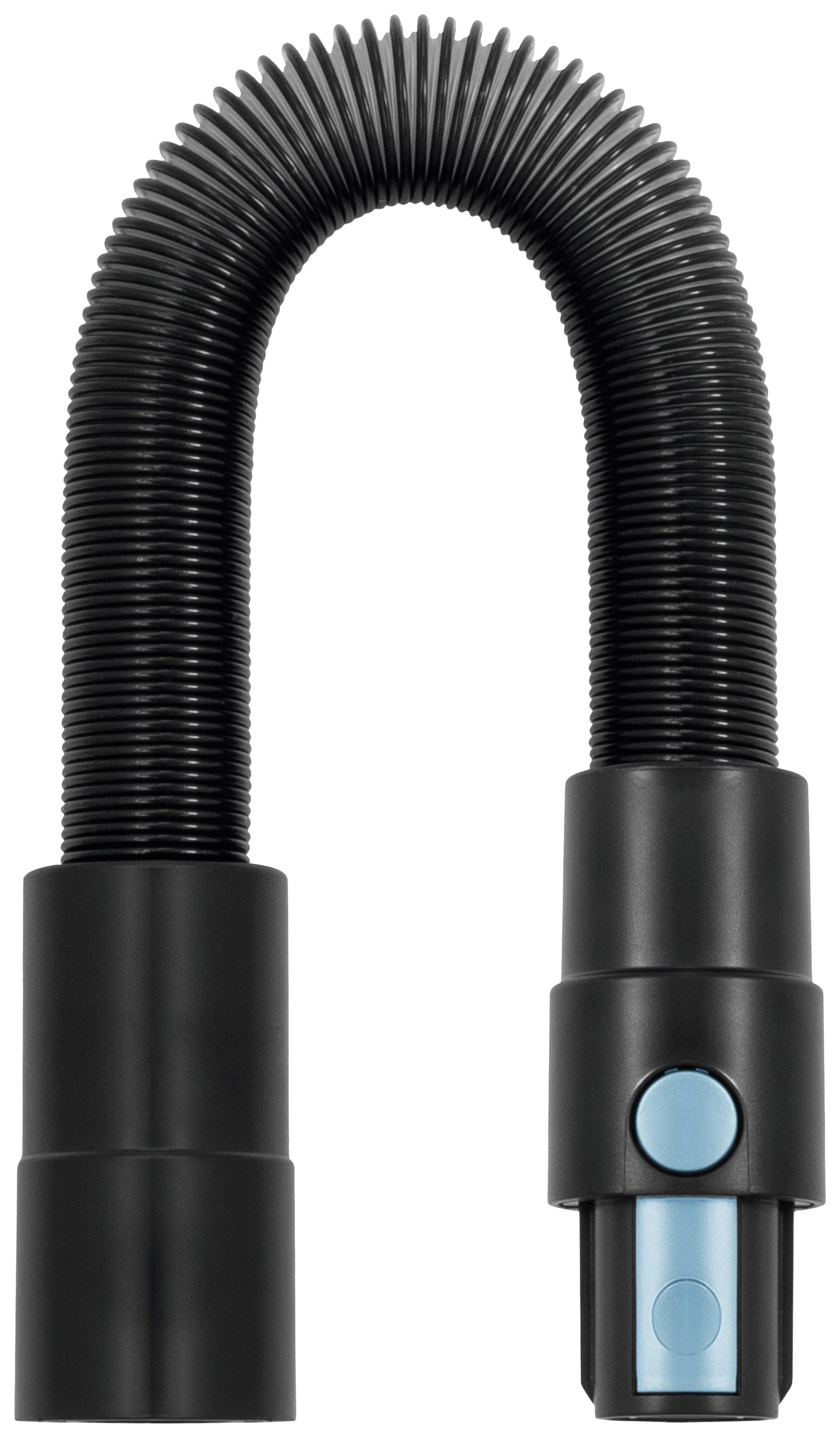 A flexible, black vacuum hose with a blue button for connecting, suitable for dust extraction.