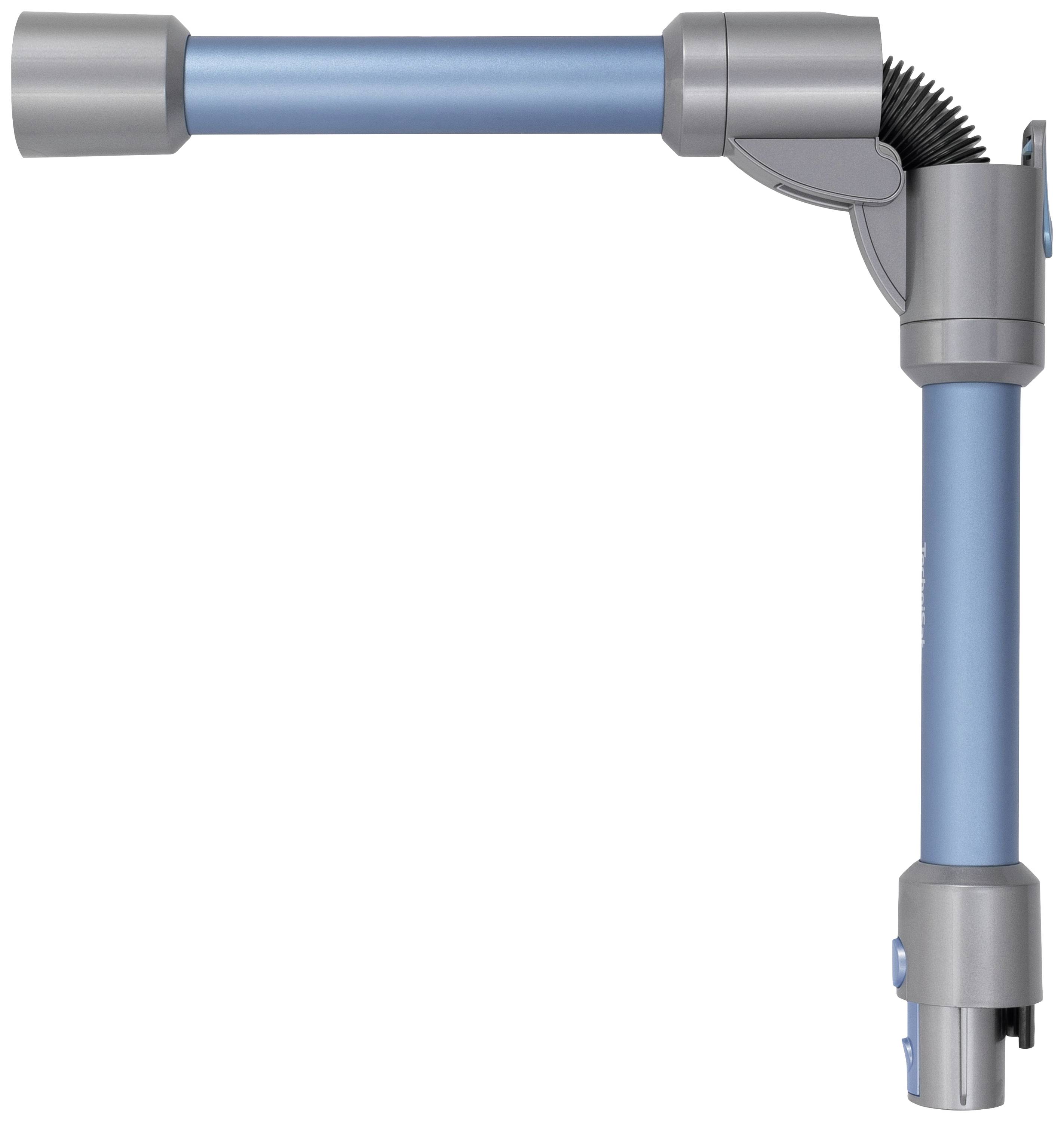 A blue and grey vacuum cleaner attachment with an angled joint, suitable for hard-to-reach areas.