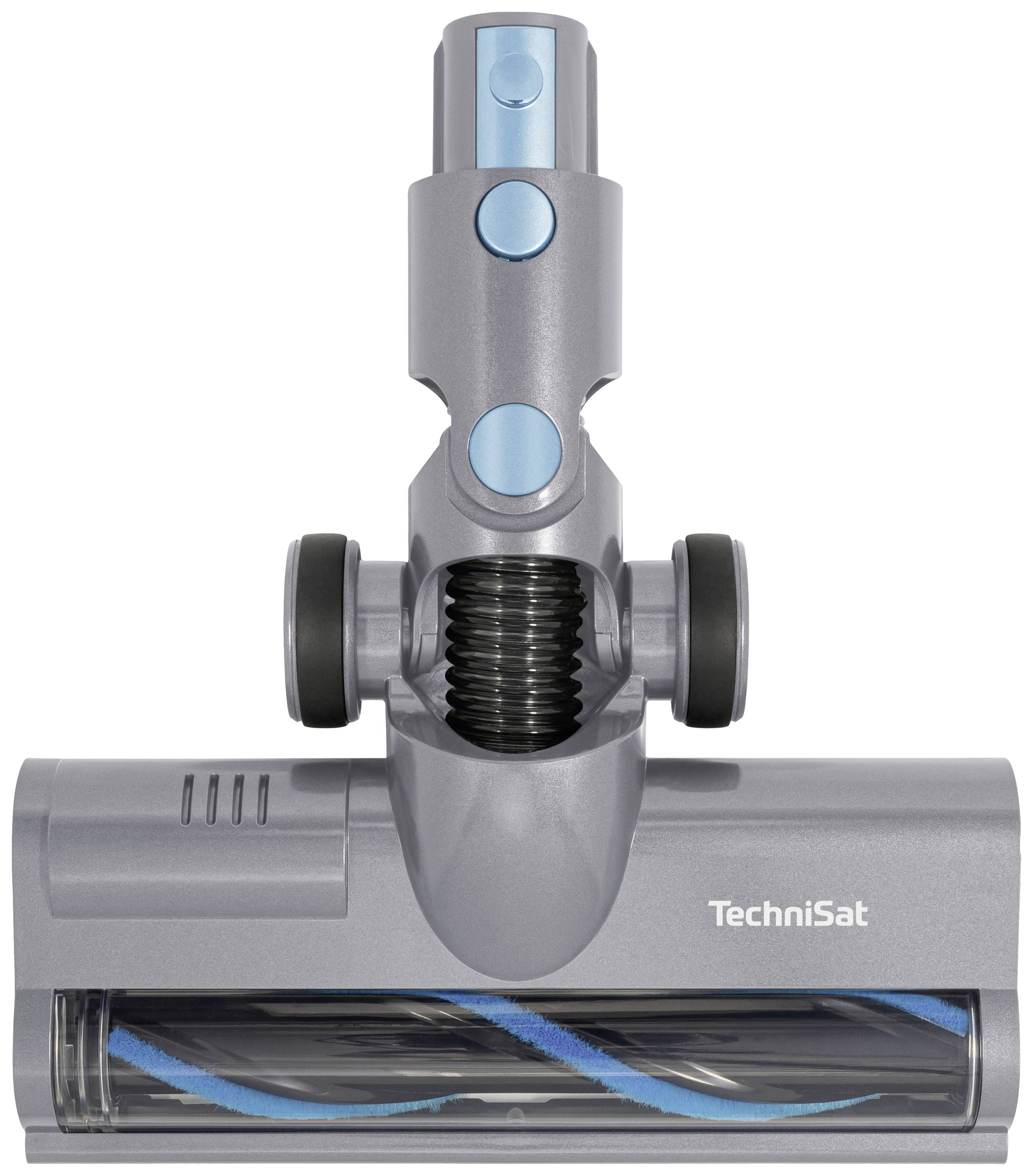 Vacuum cleaner attachment in metallic finish with blue accents, branded with 'TechniSat'. Primary function: for floor cleaning.