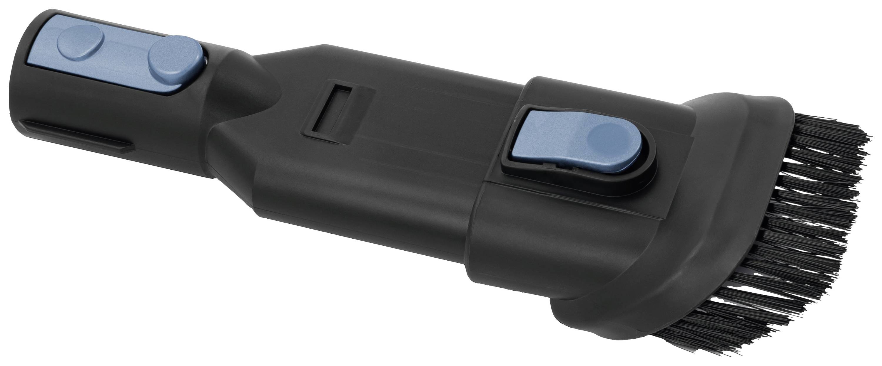 A black vacuum cleaner brush attachment with black bristles and blue buttons. Suitable for thorough cleaning.