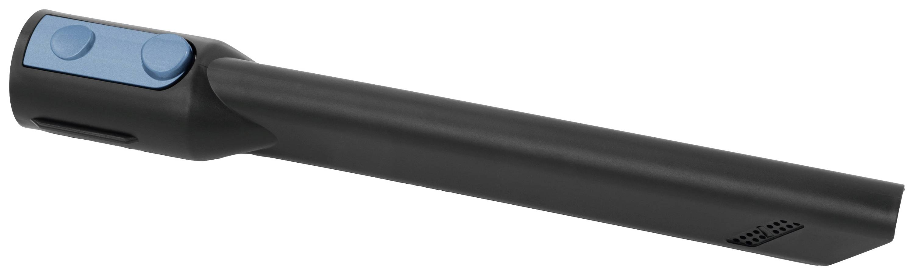 Black, cylindrical device with two blue buttons, potentially an electronic tool or accessory.