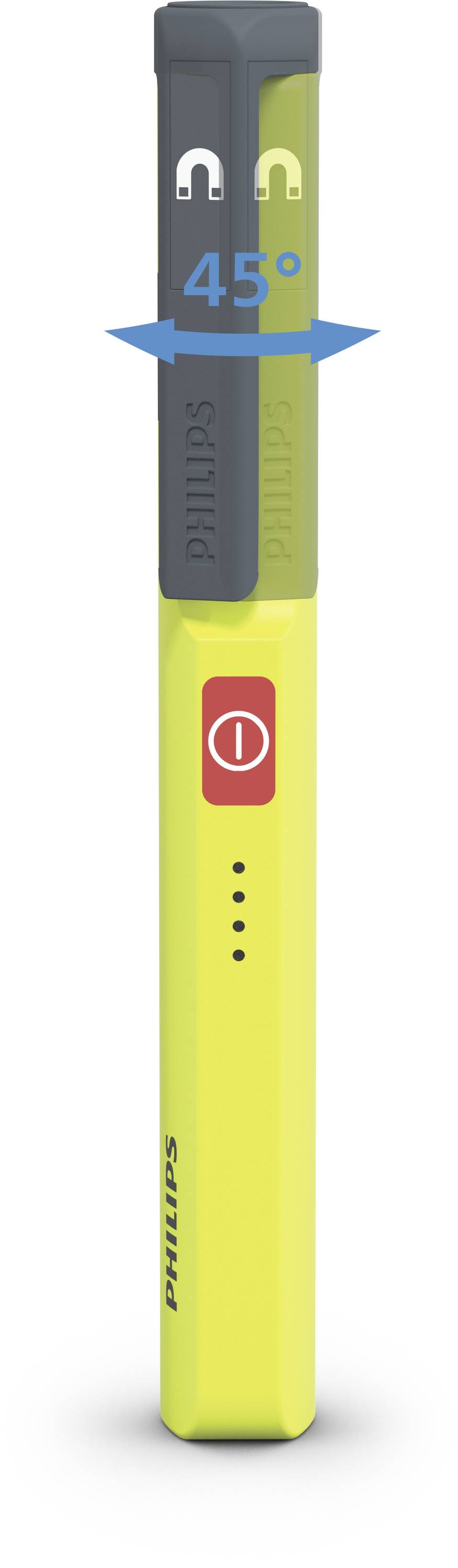 Electric toothbrush with built-in tilt sensor. Arrow indicates 45-degree angle. 'Philips' branding and red power button visible.