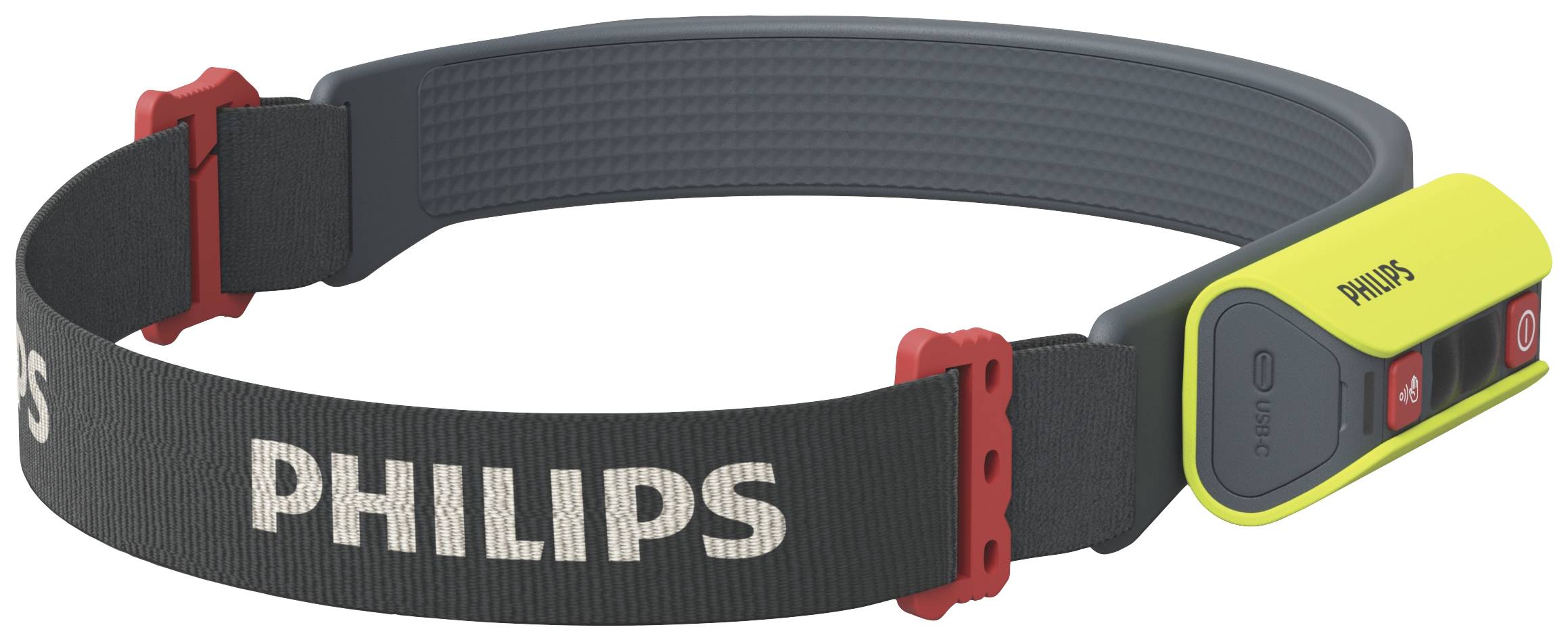 Philips head torch with adjustable strap and yellow casing. Contains an on/off switch on the side.