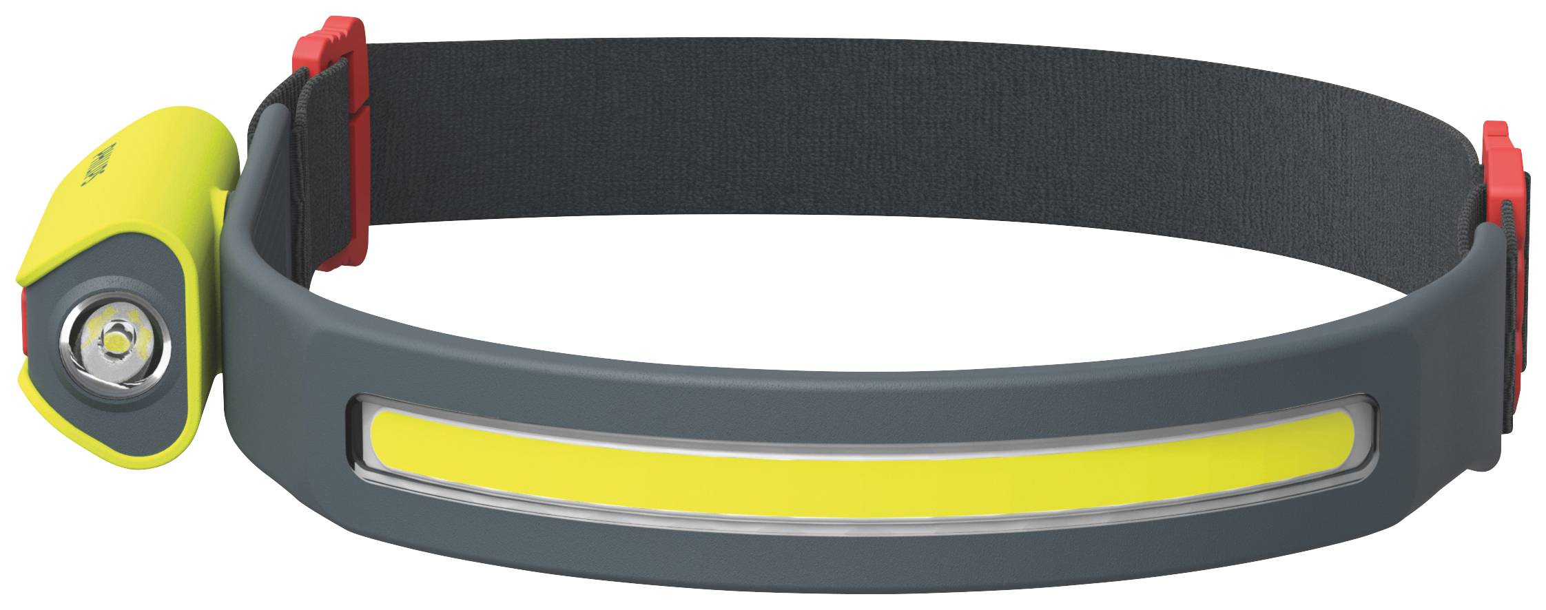 Simple headband in grey with a yellow, luminous stripe and a small lamp attached to the side. Ideal for outdoor activities in the dark.