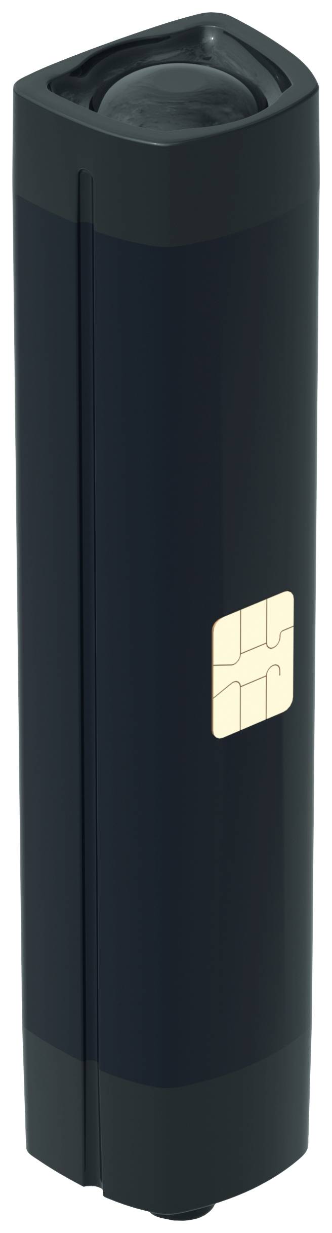 A black cylindrical object with an integrated chip on the front.