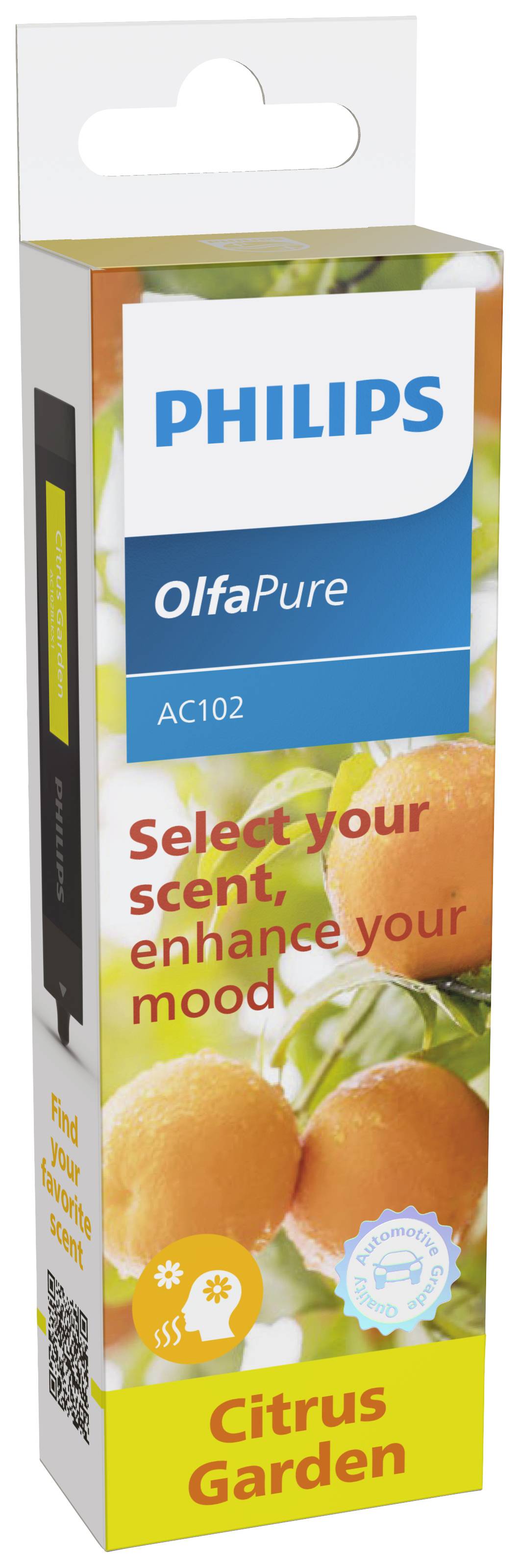 Air freshener packaging for Philips OlfaPure AC102 with citrus fragrance. Text on packaging: 'Select your scent, enhance your mood. Citrus Garden.'