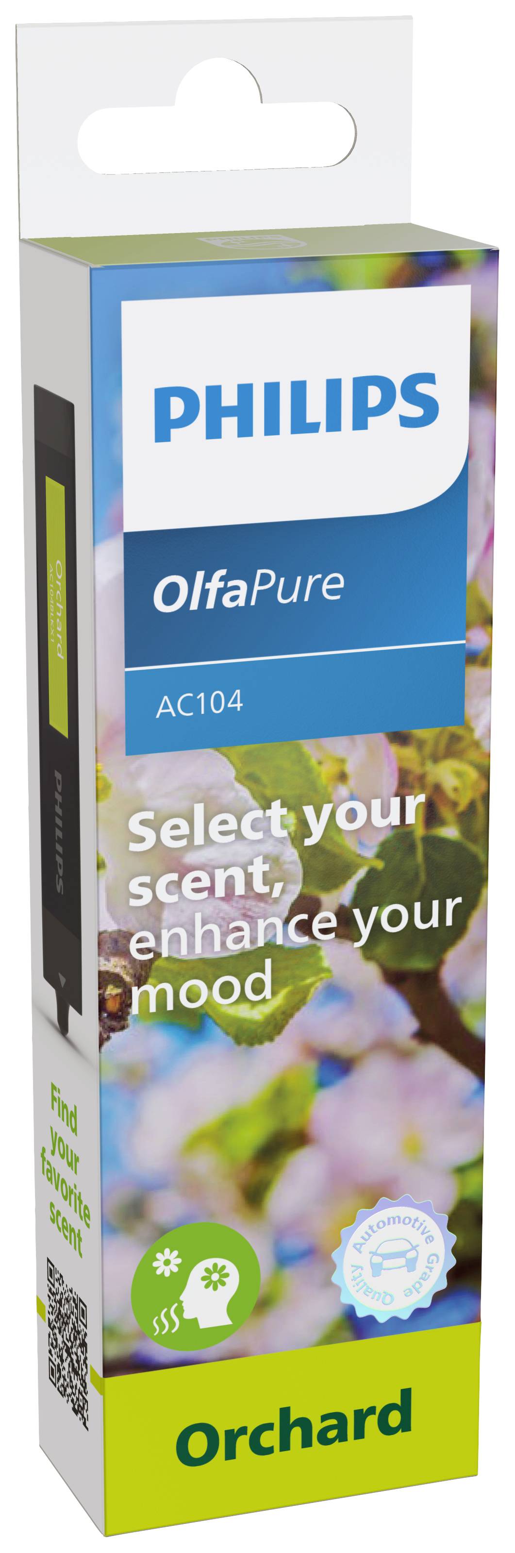 Packaging for a Philips OlfaPure AC104 room fragrance in the 'Orchard' scent. The front side displays blooming flowers and the Philips logo.