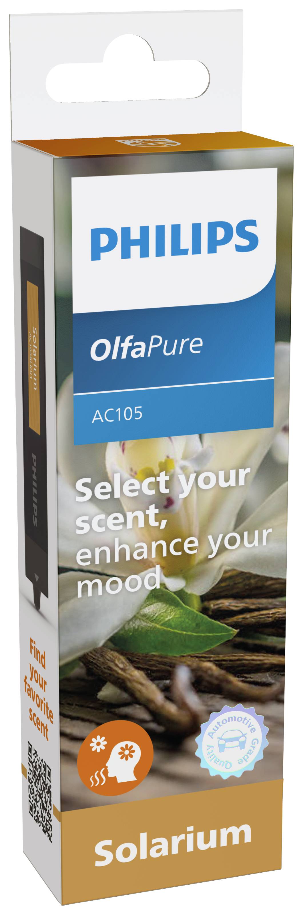 Packaging for a fragrance canister with the inscription 'PHILIPS OlfaPure'. Fragrance note 'Solarium'. Slogan: 'Choose your scent, elevate your mood'.