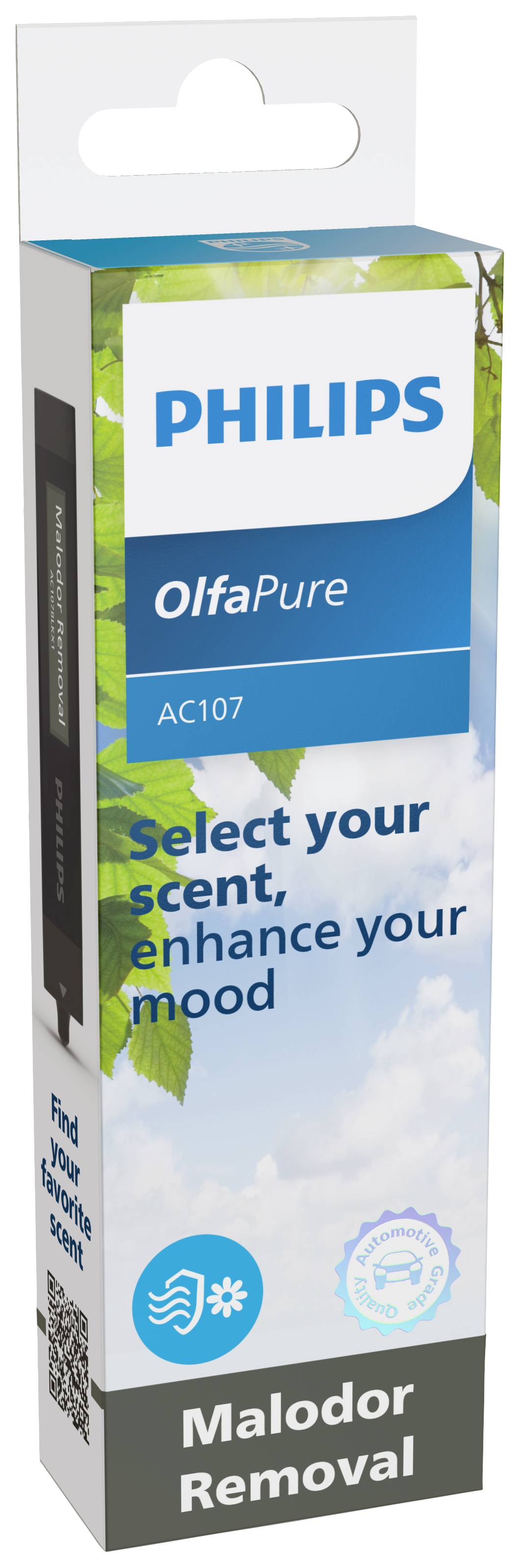 Packaging for a Philips OlfaPure AC107 Air Freshener. Text reads: 'Select your scent, enhance your mood'. Background with sky and leaves.