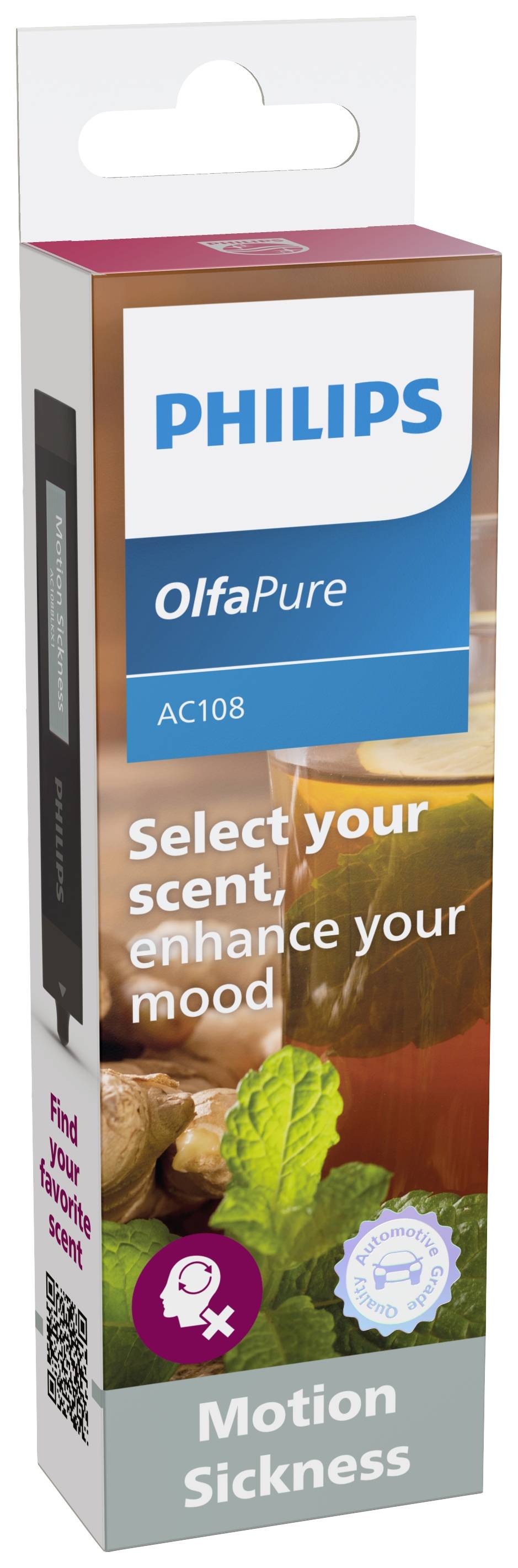 Philips OlfaPure AC108 Packaging with text 'Choose your fragrance, elevate your mood'. Topic: Motion sickness. Includes ginger illustration.