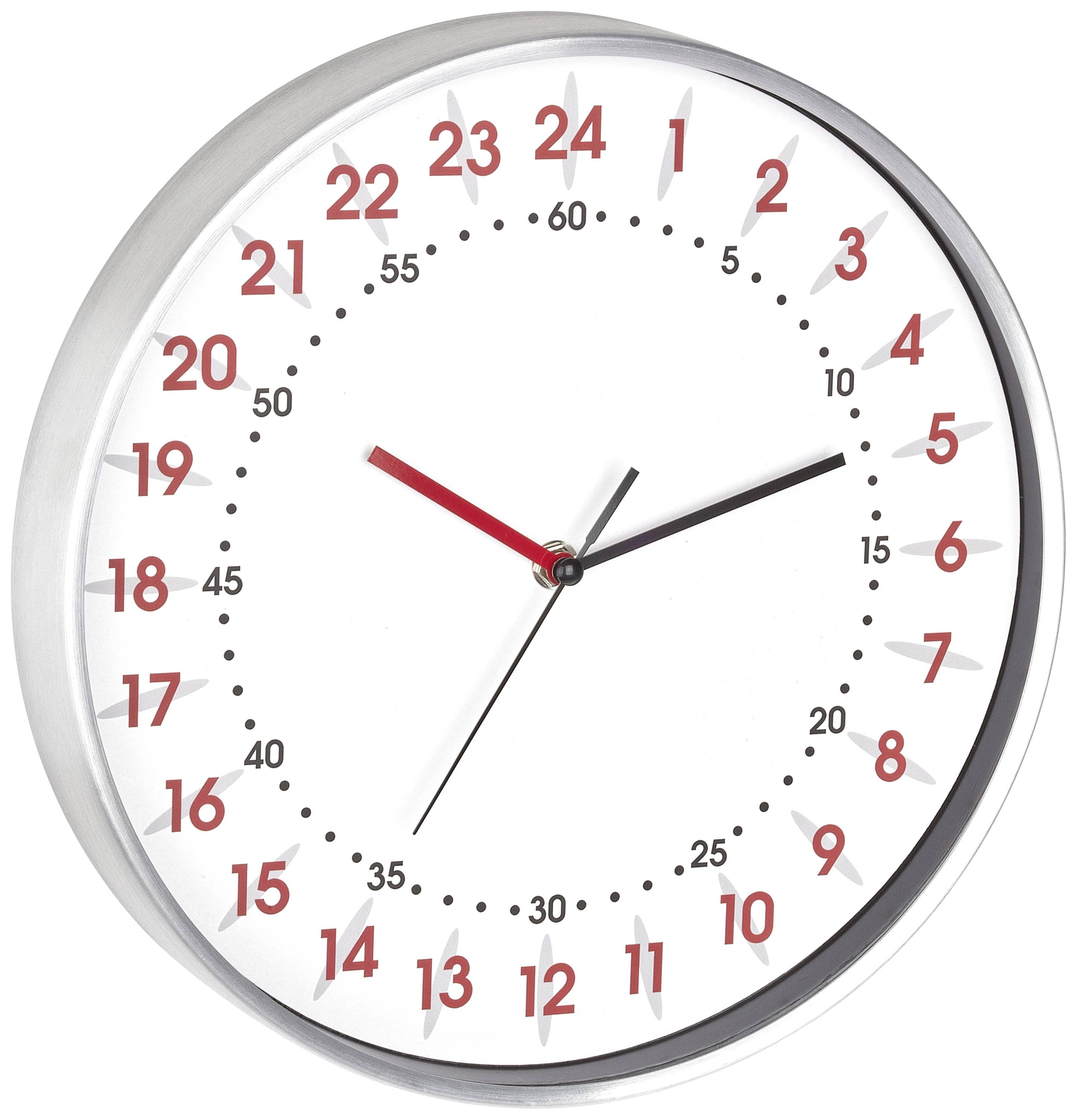Analogue wall clock with 24-hour display. Hours are marked in red, minutes and seconds in black. Time shows 10:10.