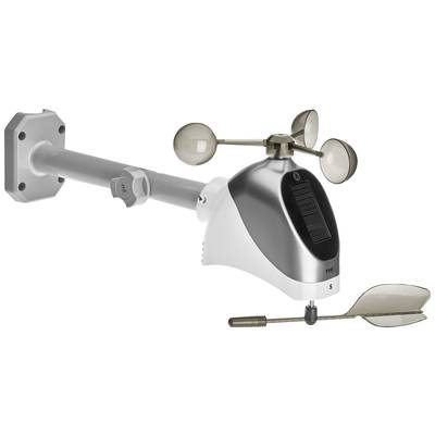 Wind speed and direction measuring device with solar cell and anemometer mounted on a bracket.