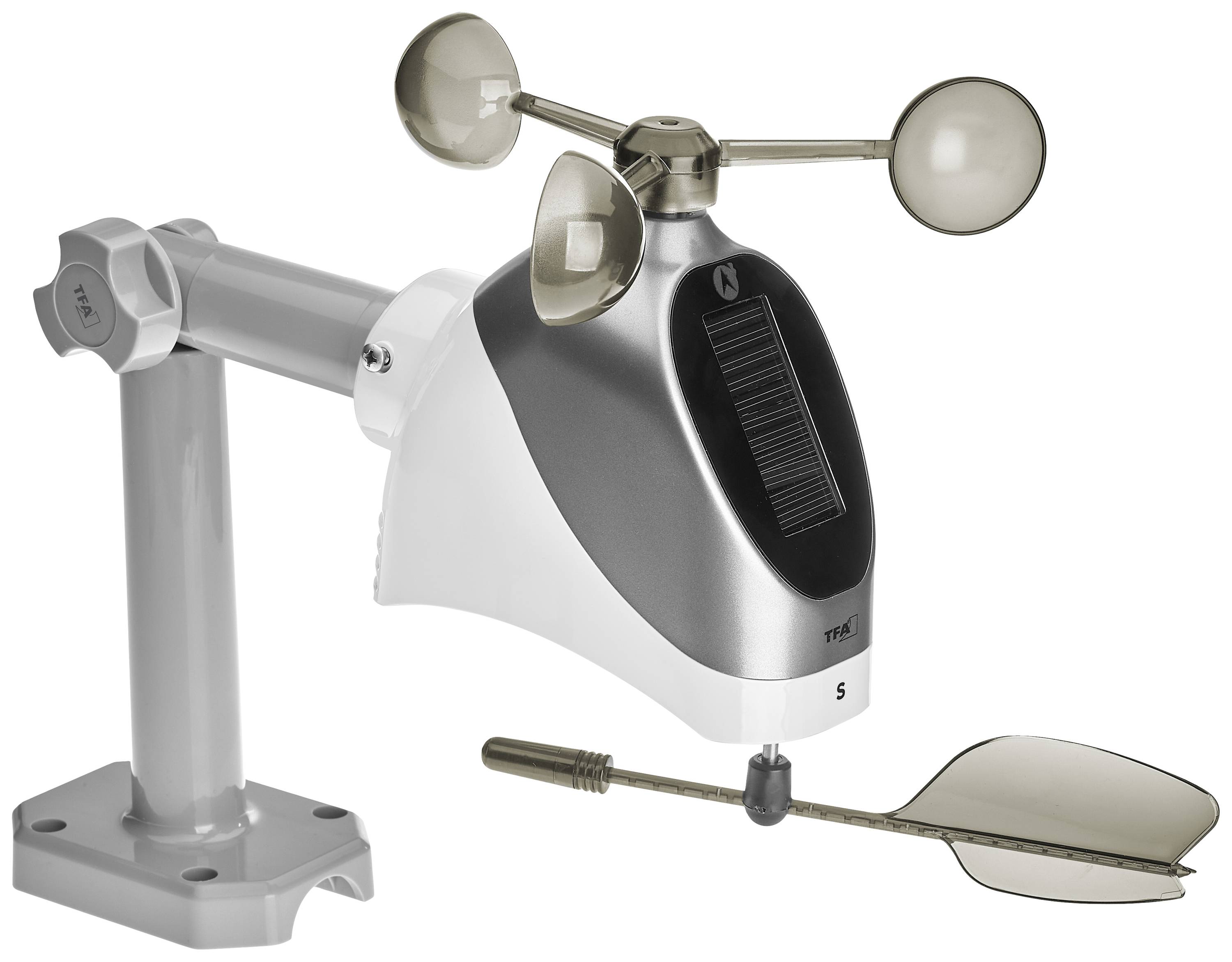 Weather station with solar panel and wind gauge on grey stand. Measures wind speed and direction.