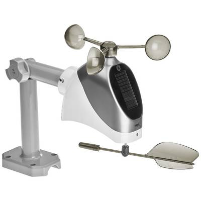 Weather station with solar panel and wind gauge on grey stand. Measures wind speed and direction.