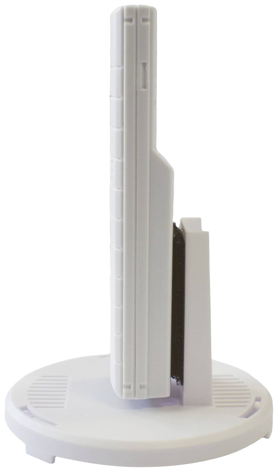 A white, vertical electric device viewed from the side, standing on a round base, possibly an air purifier.