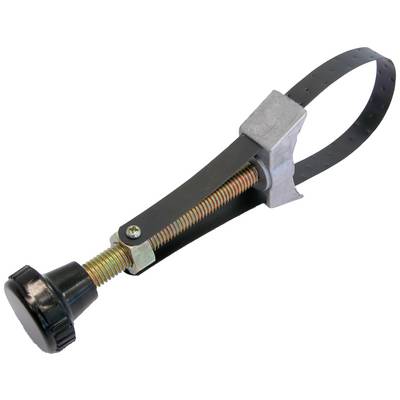 A metallic-looking tool with an adjustable band and handle, likely used for securing or tightening objects.