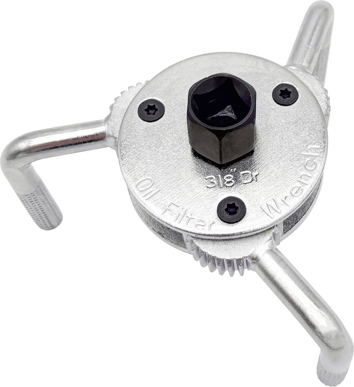 'Three-jaw adjustable oil filter wrench with a 3/8 inch drive, designed for securely gripping and removing cylindrical oil filters.'