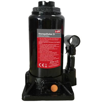 A black hydraulic jack with a red label displays safety and operating instructions for lifting up to 2 tonnes.