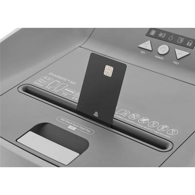 Credit card being inserted into a shredder with contactless functionality. Device displays symbols for security, power, and double-sided cutting.