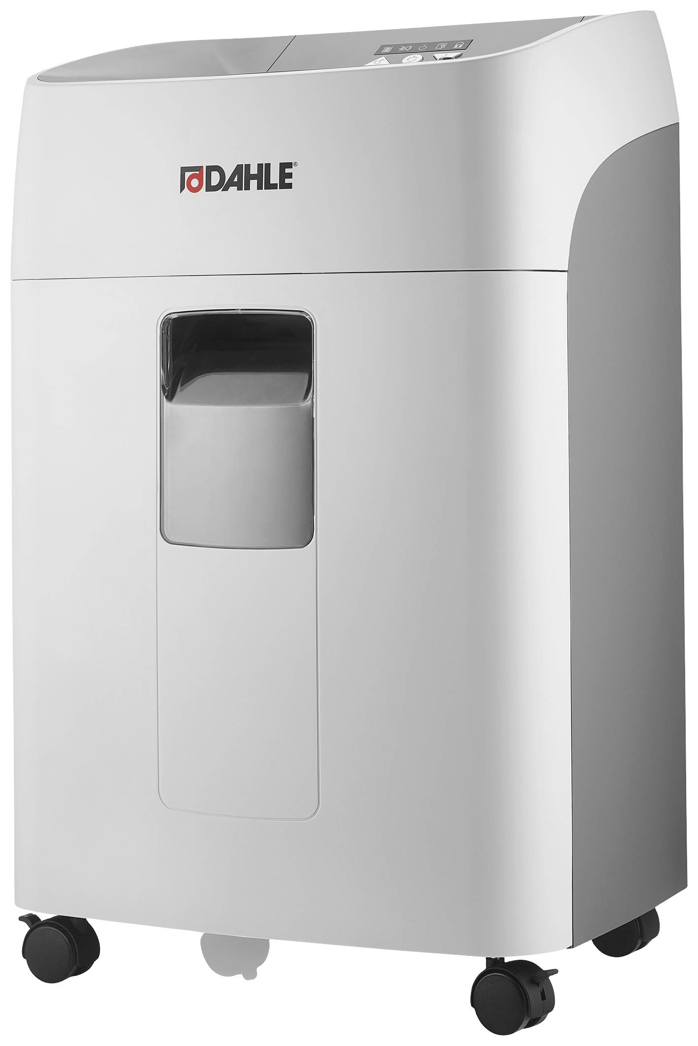 White paper shredder with brand logo on top. Wheels on the underside for easy movement, transparent window area for capacity indication.