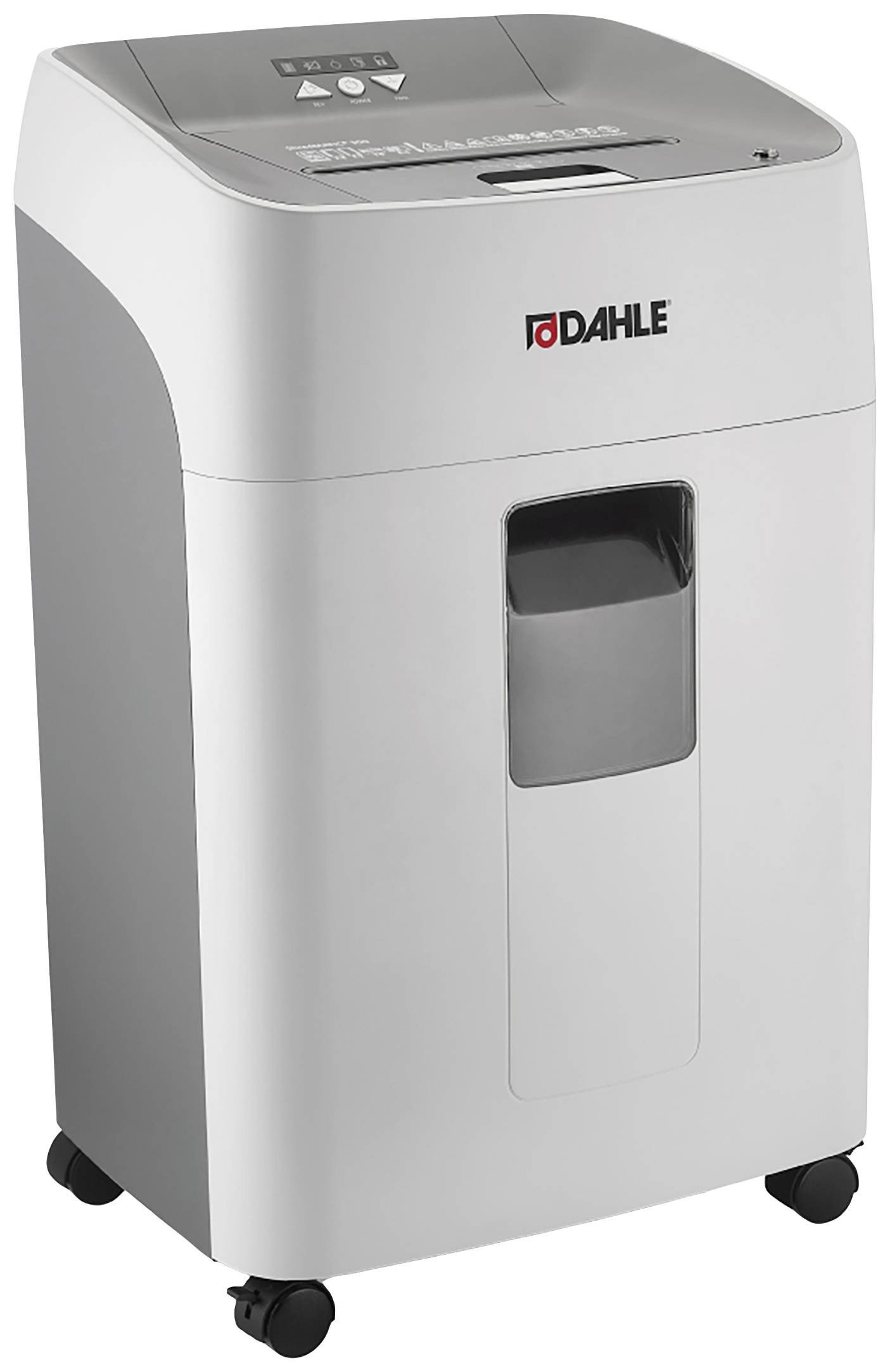 A white paper shredder on wheels with a grey insert and black compartment, suitable for destroying paper documents.