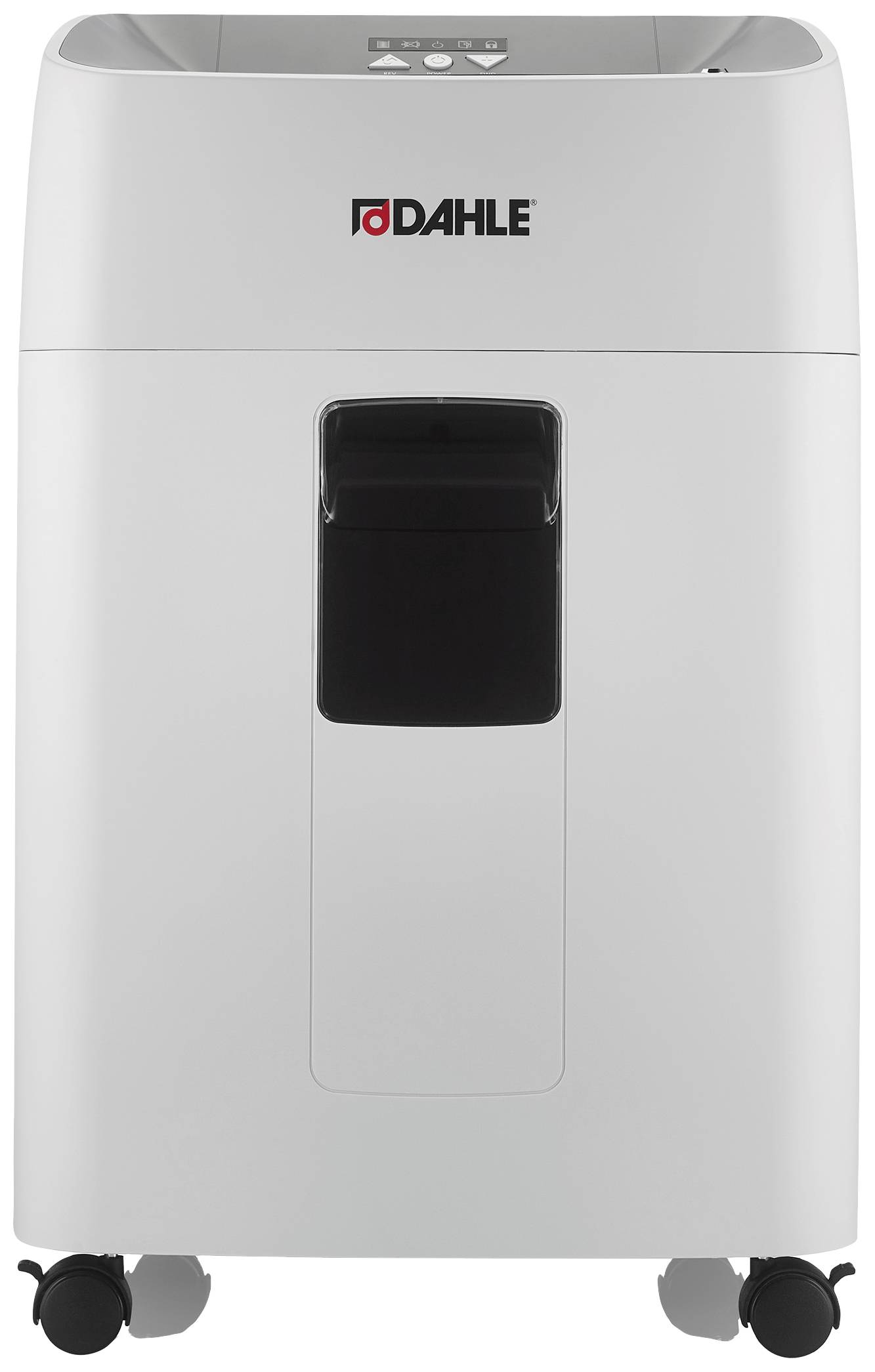 Paper shredder on wheels with a paper tray on top. Device is white with a black detail and the brand name 'DAHLE'.