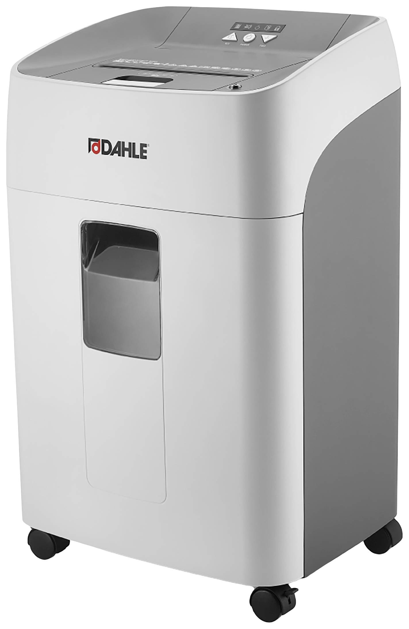 A grey paper shredder on wheels with a visible paper tray on top. Suitable for use in offices to securely destroy documents.