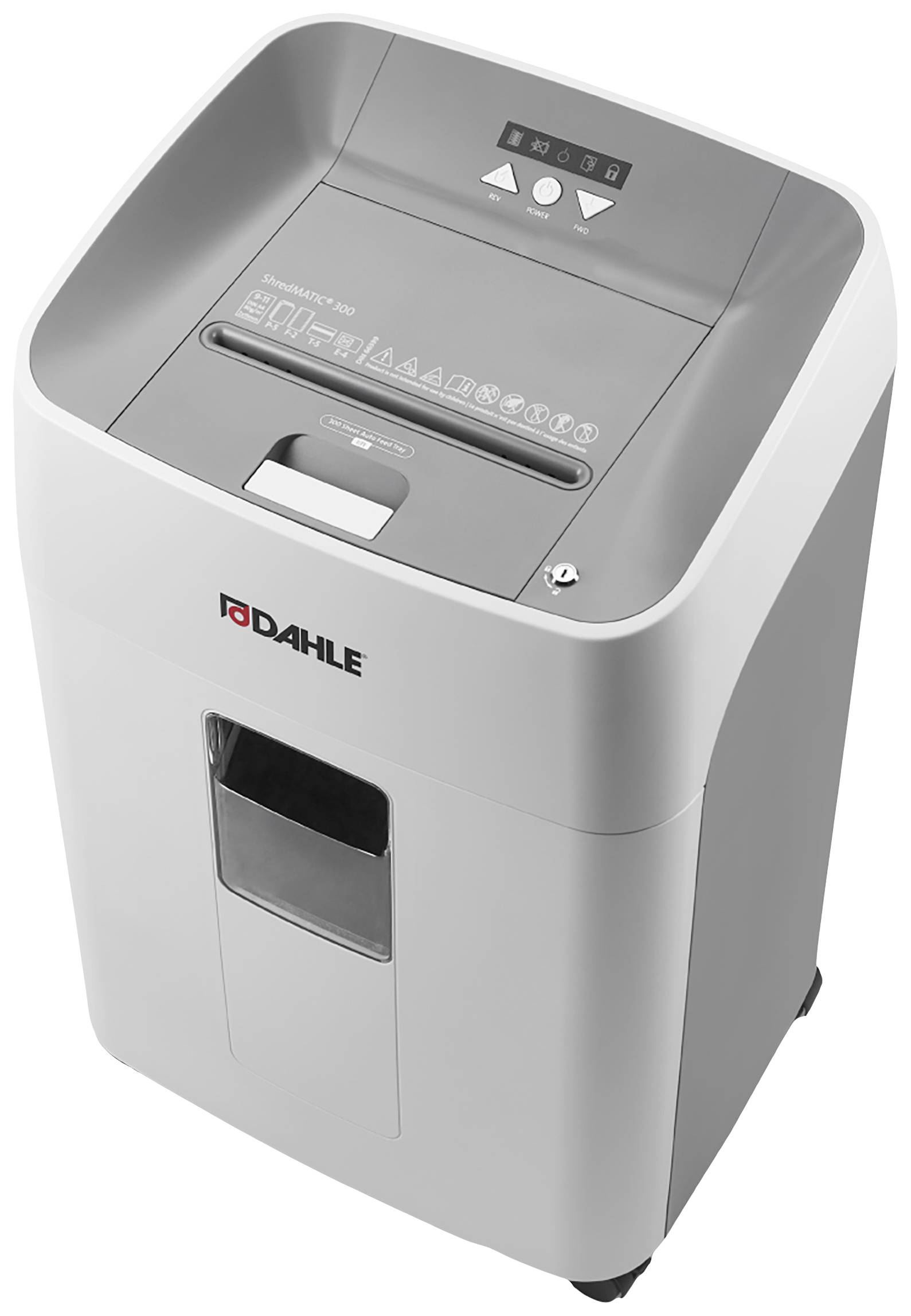 Office paper shredder in grey design with controls on top. 'Dahle' brand visible. Suitable for destroying documents.