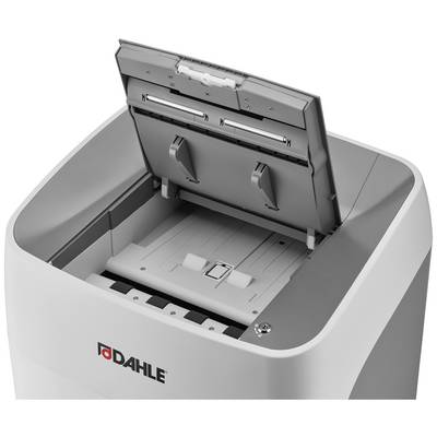 An open paper shredder with a visible input slot. The 'Dahle' logo is printed on the front.