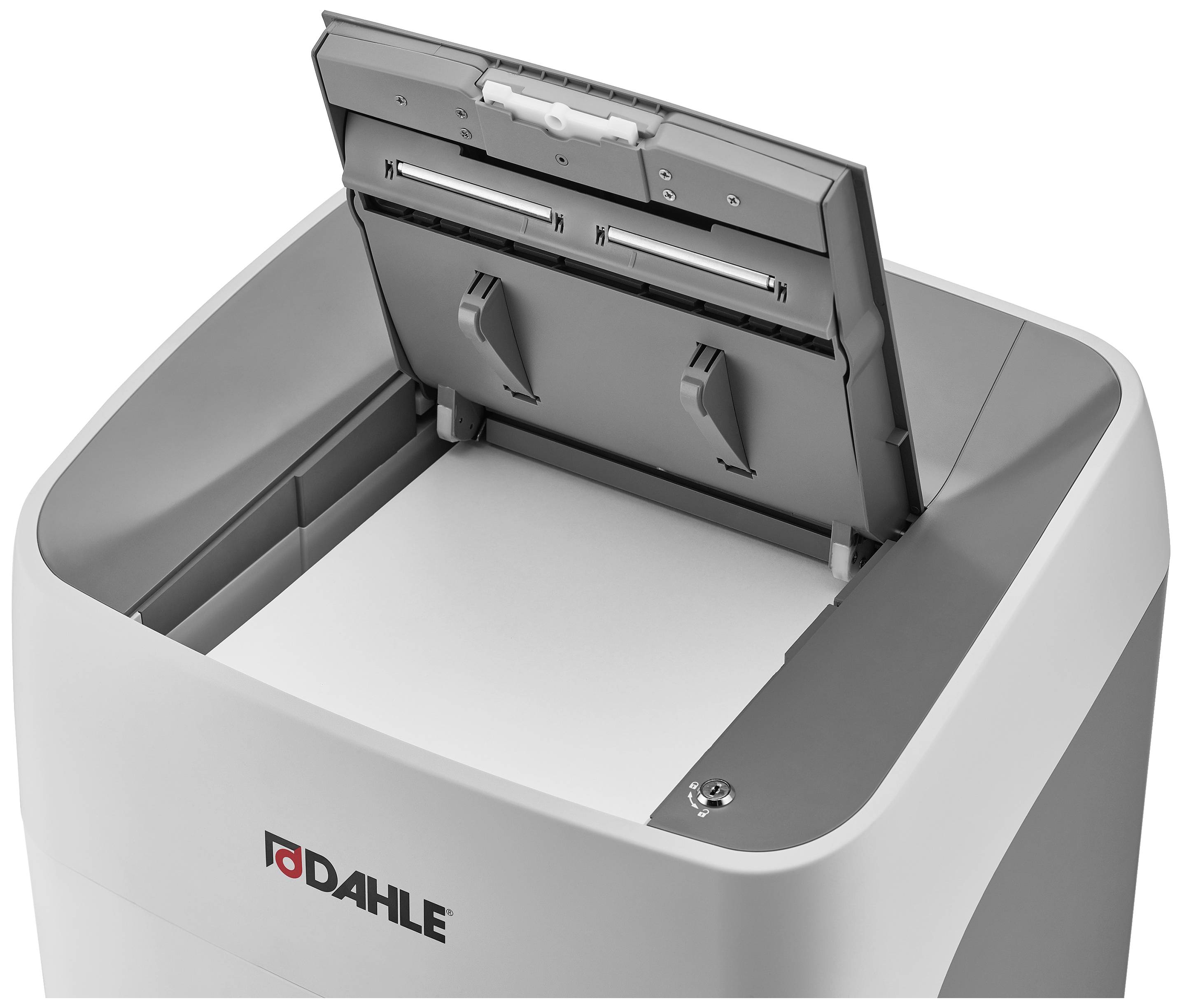 Paper shredder with an open lid, showing the paper insertion slot; marked with the logo of a well-known office equipment brand.