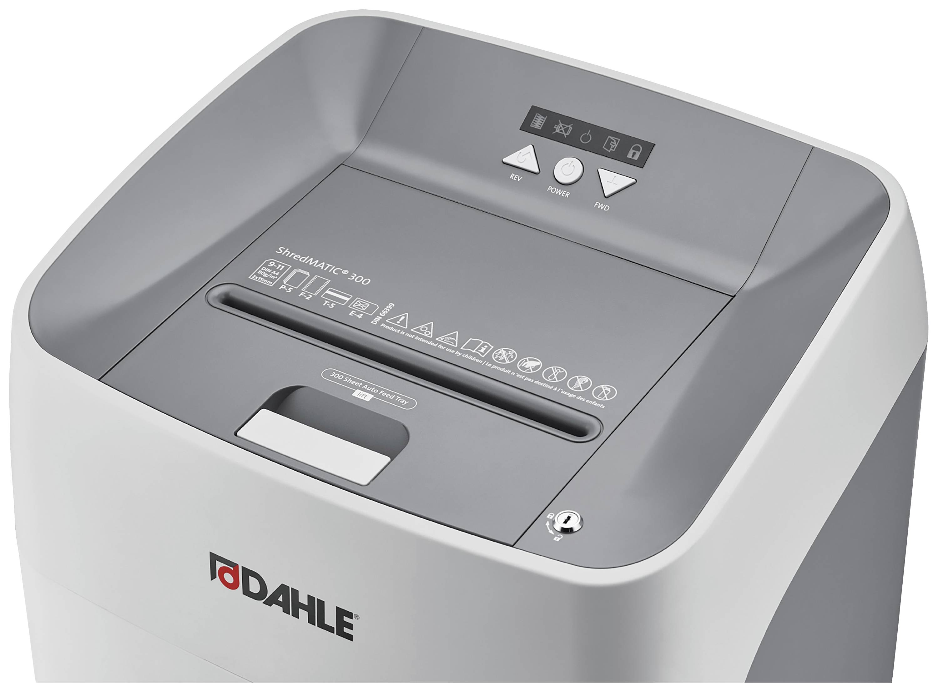 A paper shredder by Dahle with control elements and slots for paper. Top side with symbols for various functions.