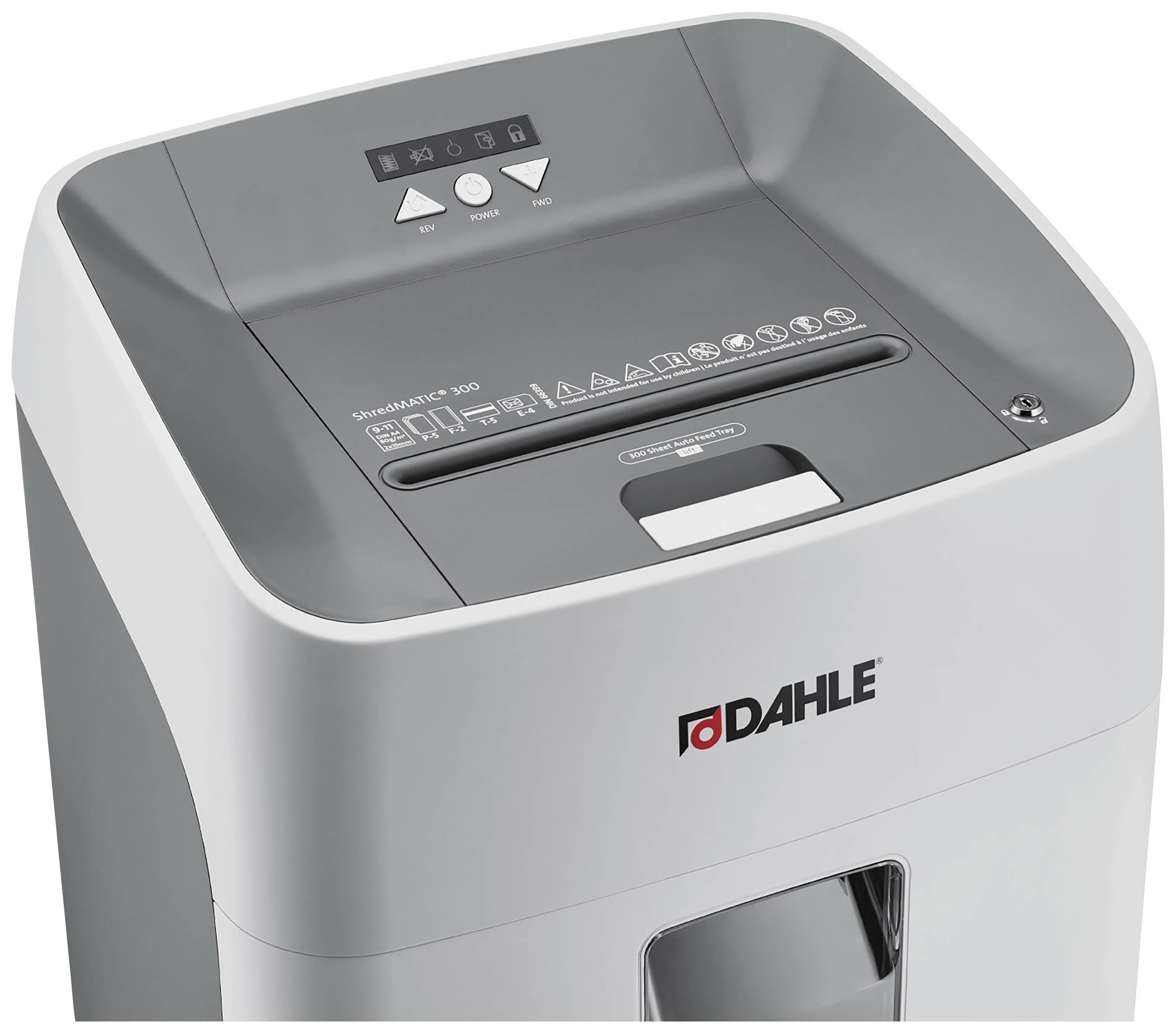A grey-white paper shredder by Dahle with control buttons on top, suitable for office applications.